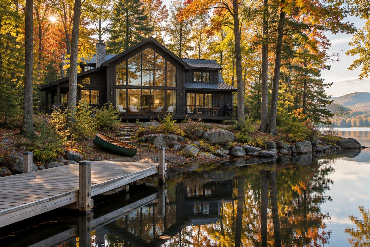 Dark timber lake house on a quiet Hudson Valley lake with a wooden dock