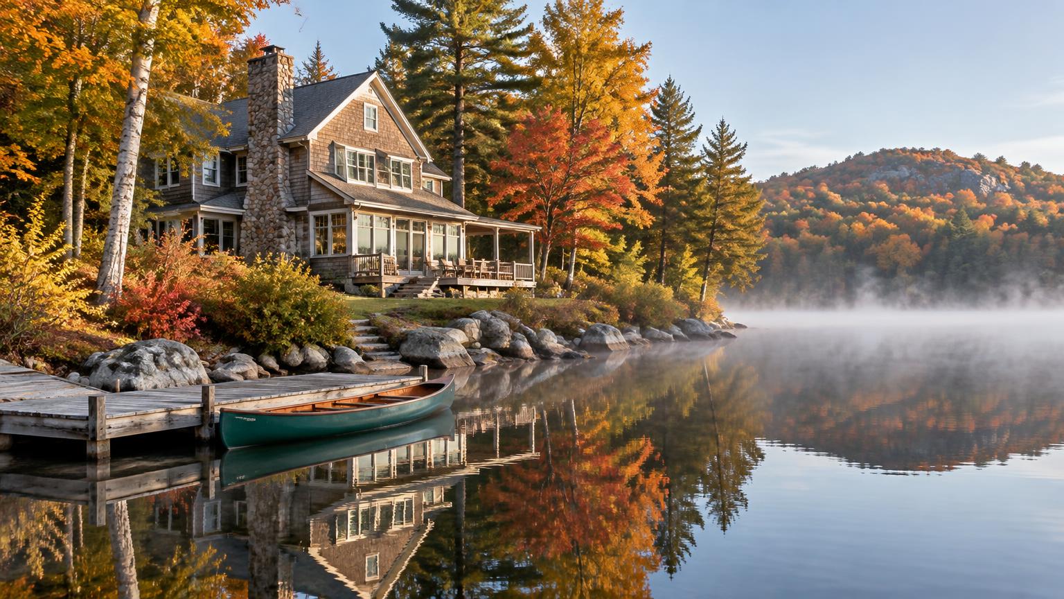 Cedar-shingled lake house among autumn foliage