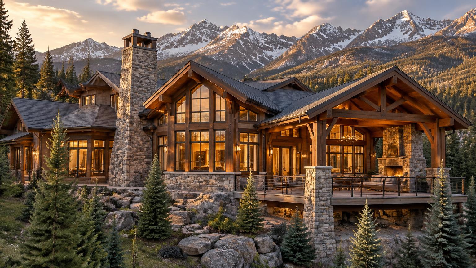 Timber-and-stone mountain lodge below snow-dusted peaks